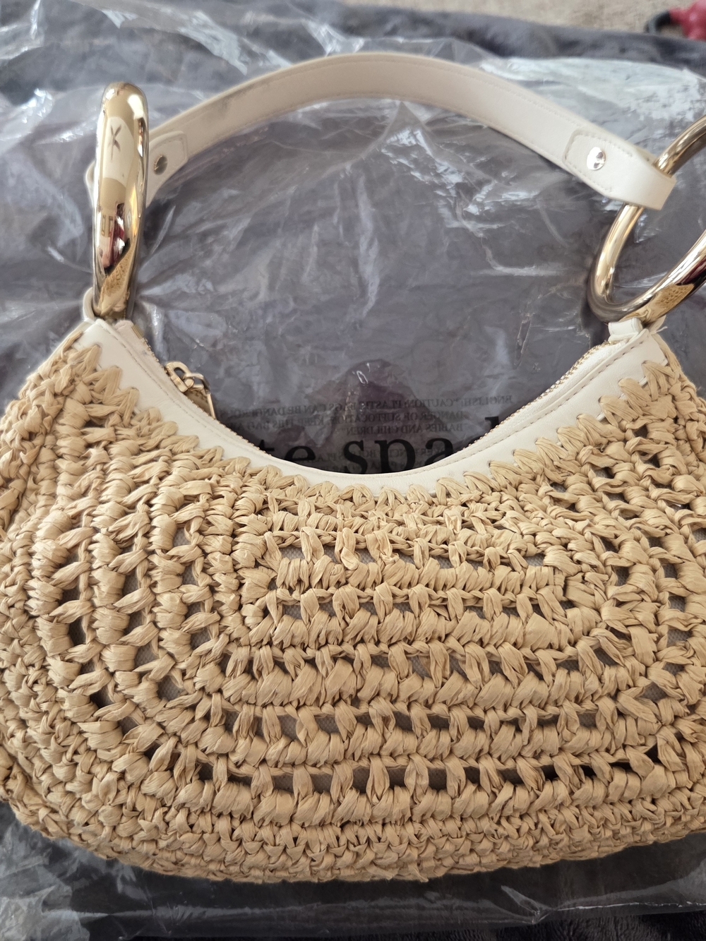 Kate Spade Woven Straw Shoulder Bag with Gold Hardware - Beige